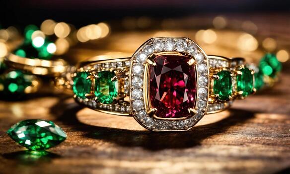 AI generated jewelry diamond ring on wooden table with bokeh background. ai generative photo