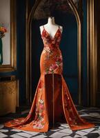 AI generated Fashionable evening orange summer dress on a mannequin. ai generative. ai generative photo