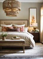 AI generated interior of classic bedroom, comfortable king size bed. ai generative photo