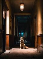 ai generado retrato de un lobo en un oscuro corredor a noche. ai generativo foto