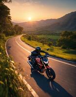 ai generado motociclista montando un motocicleta en un país la carretera a puesta de sol. ai generativo foto