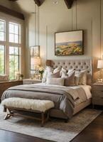 AI generated interior of classic bedroom, comfortable king size bed. ai generative photo