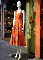 AI generated Fashionable evening orange summer dress on a mannequin. ai generative. ai generative photo