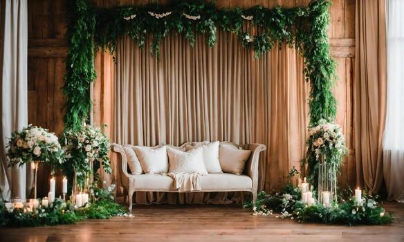 AI generated Interior of a rustic room with a beige sofa and curtains. ai generative photo