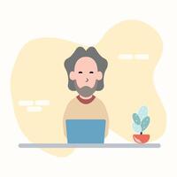 Man at desktop working with laptop Corporate worker Freelancer or office worker. Vector illustration in simple concept flat style