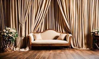 AI generated Interior of a rustic room with a beige sofa and curtains. ai generative photo