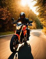 AI generated Motorcyclist riding a motorcycle on a country road at sunset. ai generative photo