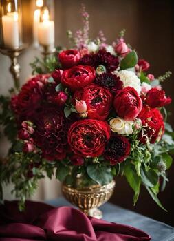 ai generado Boda ramo de flores con rojo y blanco peonías y rosas. ai generativo foto