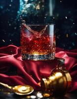 AI generated a glass of whiskey with ice and splashes. Golden sparkles background. ai generative photo