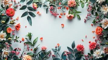 ai generado primavera serenidad elegante Boda celebración saludo tarjeta adornado con flores en un ligero foto