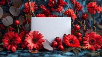 ai generado primavera serenidad elegante Boda celebración saludo tarjeta adornado con flores en un ligero foto