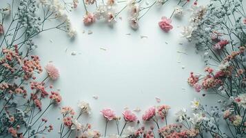 ai generado primavera serenidad elegante Boda celebración saludo tarjeta adornado con flores en un ligero foto