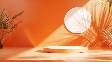 AI generated A mockup of round podium with orange background with palm leaves. Generated by artificial intelligence. photo
