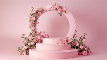 AI generated 3D rendering of a floral podium with a rose arch for product display presentation on a pink background. Flower decoration with rose flowers and leaves around the steps, , photo