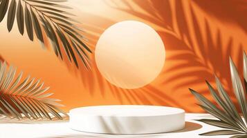 AI generated A mockup of round podium with orange background with palm leaves. Generated by artificial intelligence. photo