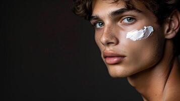 ai generado un hermoso joven hombre con crema en su rostro, en contra un negro antecedentes. piel cuidado productos en su rostro. generado por artificial inteligencia. foto