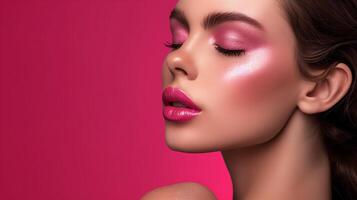 AI generated Beautiful woman's face, model appearance, professional makeup, advertising of decorative cosmetics, including lipstick, powder, eye shadow. Place for text. Advertising banner. photo