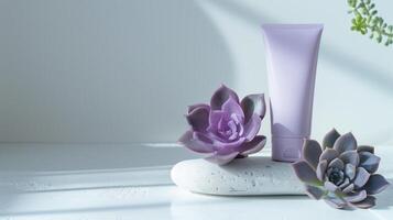 AI generated A high key product photography, light violet tube of skincare sitting on top of white stone, two purple succulents, clean white background. Generated by artificial intelligence. photo