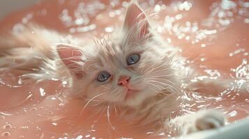 AI generated Close-up a cute white cat swimming in the pink water. Generated by artificial intelligence. photo