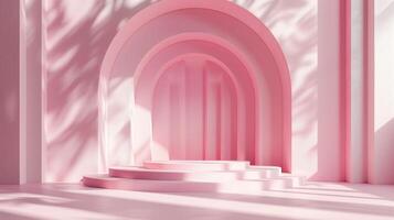 AI generated A pink minimalistic podium with arch in the background. Pastel pink colors, soft lighting, simple shapes, digital art. Generated by artificial intelligence. photo