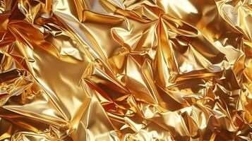 AI generated Golden shiny crumpled foil. Gold, yellow, metallic texture, background, abstract, simple, 3D rendering, close up. Generated by artificial intelligence. photo