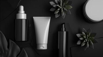 AI generated Cosmetic products, black and white packaging, minimalist, dark slate background, few plants. Generated by artificial intelligence. photo