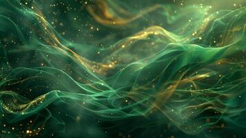 AI generated A closeup of an emerald green and gold scarf with swirling lines, the fabric floating in midair, delicate details visible through semitransparent material photo