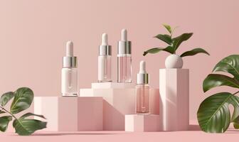 AI generated Beauty natural skincare product mock up. Serum or Collagen Dropper Bottles on different geometric podiums. Skincare products presentation. Generated by artificial intelligence. photo