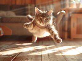 AI generated Cat in mid-leap, all four paws off the ground on hardwood floor in the living room with a sofa in the background. Sunlight illuminating cat's fur. Generated by artificial intelligence. photo