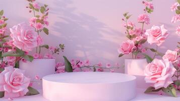AI generated Background with podium and flower rose. Floral summer background podium. Generated by artificial intelligence. photo