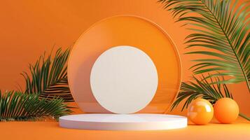 AI generated A mockup of round podium with orange background with palm leaves. Generated by artificial intelligence. photo