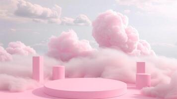 AI generated Background with pink podium. The sky platform with pastel clouds. Generated by artificial intelligence. photo