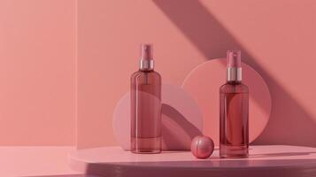 AI generated A mockup of an elegant bottle of toner, placed on a minimalistic podium with a pastel pink background with soft lighting. Generated by artificial intelligence. photo