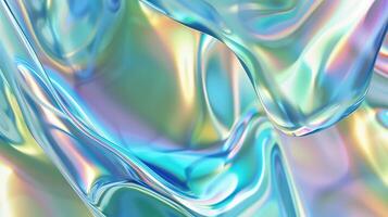 AI generated A closeup of iridescent glass, with light reflecting and refracting in various colors, creating an abstract pattern. The background is a soft gradient from blue to green. photo