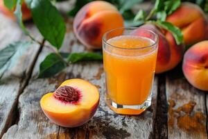 AI generated Fresh Peach Delight - Homemade Juice and Ripe Peaches on Rustic Wood photo