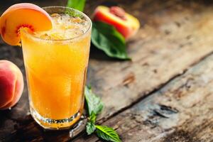 AI generated Fresh Peach Delight - Homemade Juice and Ripe Peaches on Rustic Wood photo