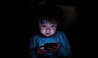 AI generated Toddler Mesmerized by Smartphone Screen in a Dark Room photo