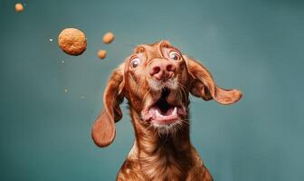 ai generado divertido perro intentando a captura volador galletas - humorístico mascota fotografía foto