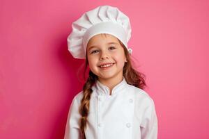 ai generado pequeño niña en del chef sombrero posando con confianza en rosado antecedentes foto