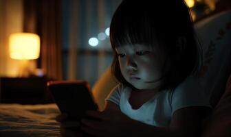 AI generated Toddler Mesmerized by Smartphone Screen in a Dark Room photo