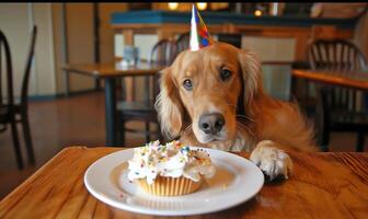 AI generated Joyful Golden Retriever Celebrating with Colorful Birthday Party Decorations photo