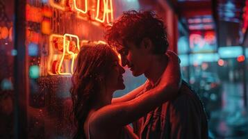 AI generated A couple embracing under a neon sign their love illuminated by the warm glow of the light creating a romantic and intimate moment photo