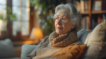 AI generated Contemplative Elderly Woman with Glasses at Home in Warm Light photo
