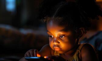 AI generated Toddler Mesmerized by Smartphone Screen in a Dark Room photo