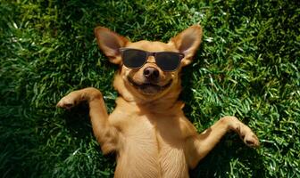 ai generado alegre corgi perro con Gafas de sol acostado en verde césped foto