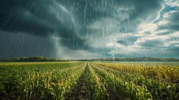 ai generado lluvia terminado maíz campo. dramático cielo terminado maíz campo. lluvioso clima. foto