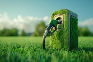 ai generado eléctrico coche cargando estación en verde césped en el jardín con Copiar espacio foto