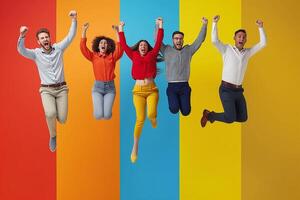 AI generated Group of multiracial people in suits jumping in the air on colorful background photo