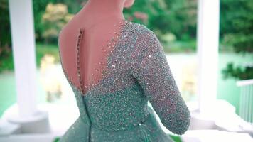 Elegant woman in a glittery green dress with a focus on the sleeve detail, blurred background. video