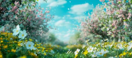 ai generado soñador azul y blanco flores silvestres en iluminado por el sol prado foto